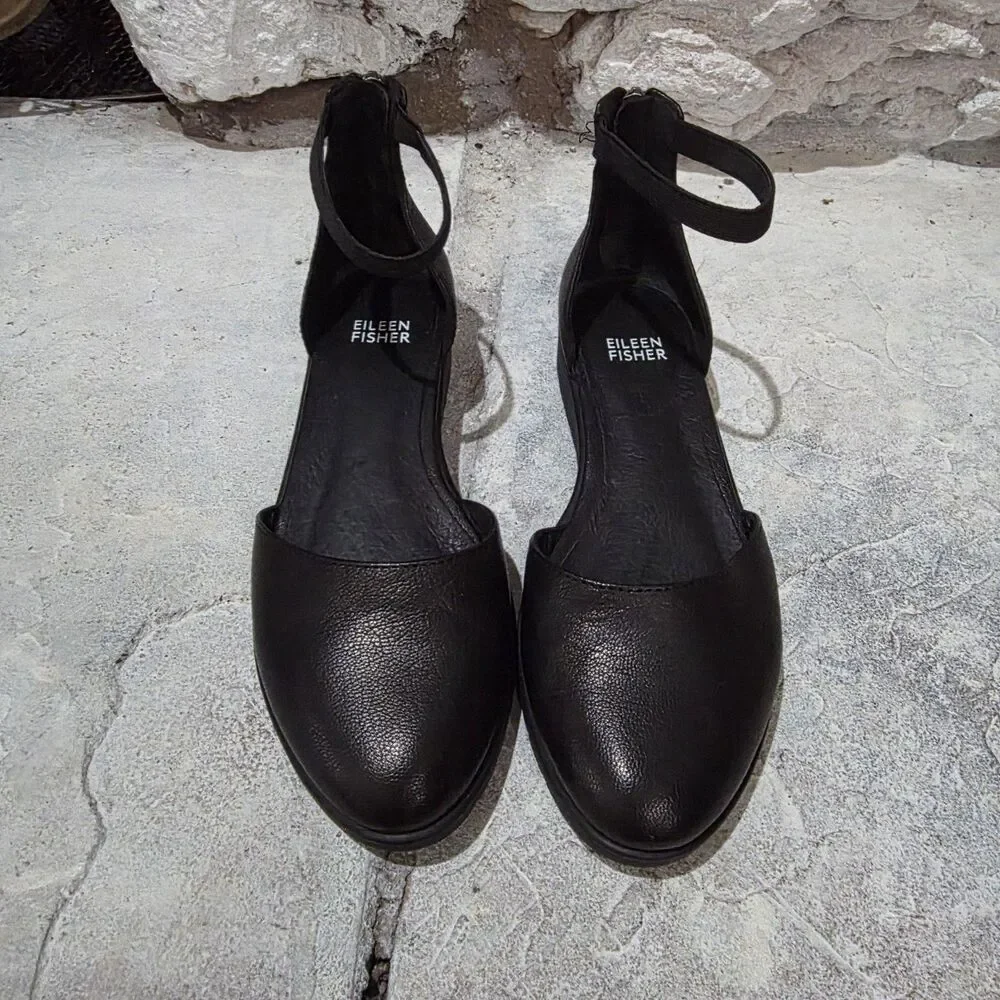 Eileen Fisher Sue Leather Flats Ankle Strap 5 1/2 Heel Shoes Black Minimalist
